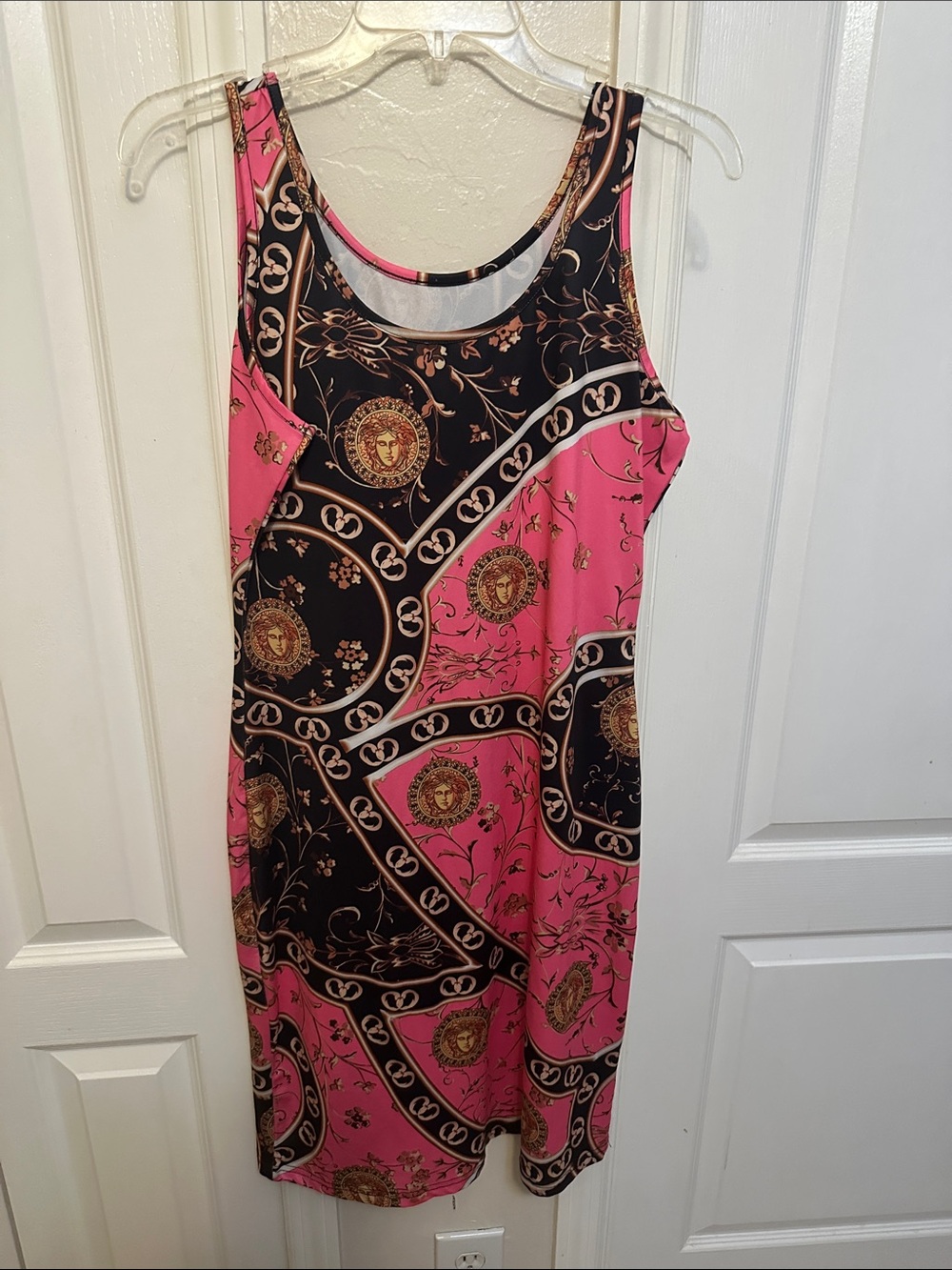 Pink and Black Patterned Midi Dress with Medallion Motif